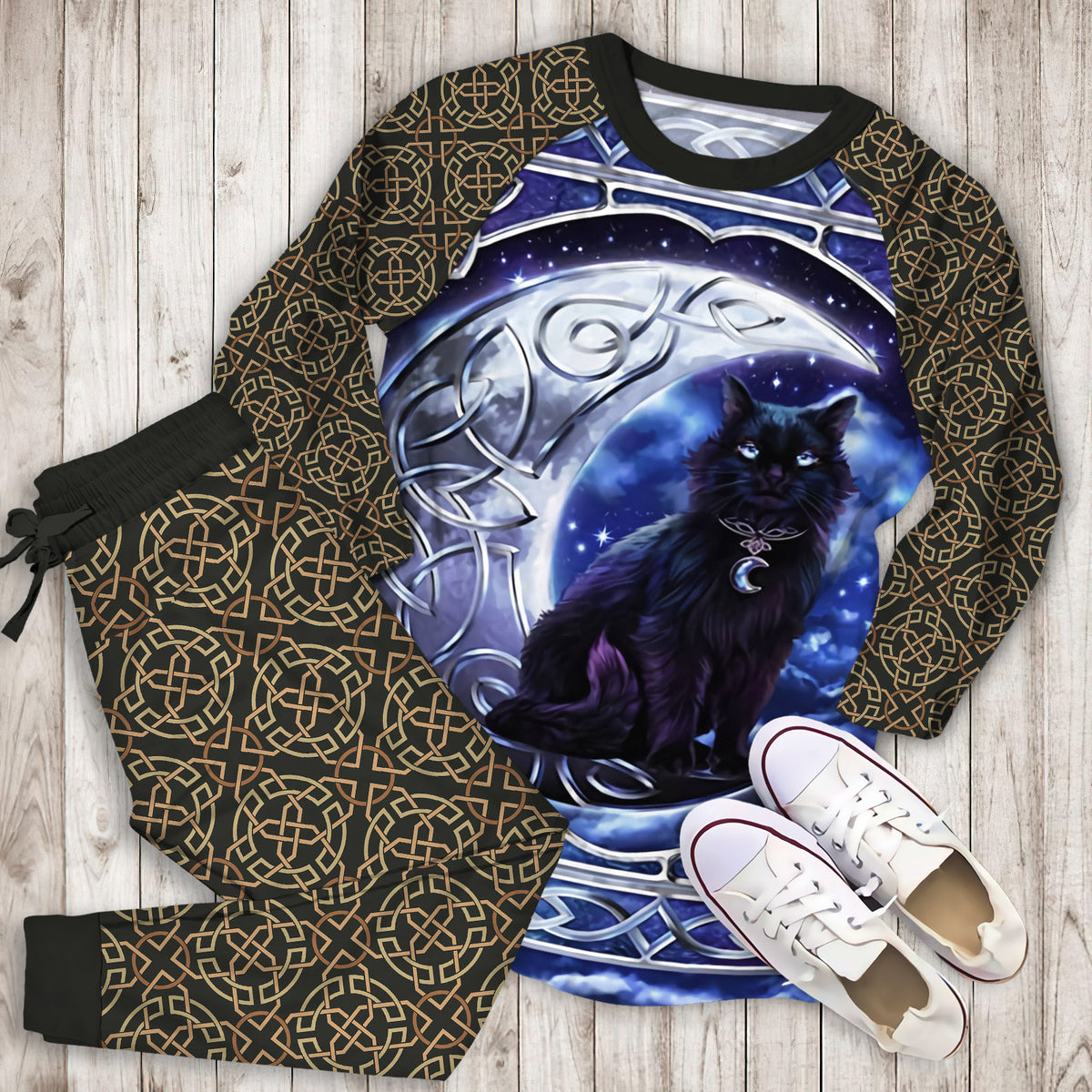 Celtic Moon Cat Pajama Set | Pajamas | Cotton Sleepwear Sets | Soft Long Sleeve Pjs | Raglan Shirt and Pants Set
