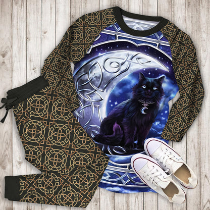 Celtic Moon Cat Pajama Set | Pajamas | Cotton Sleepwear Sets | Soft Long Sleeve Pjs | Raglan Shirt and Pants Set