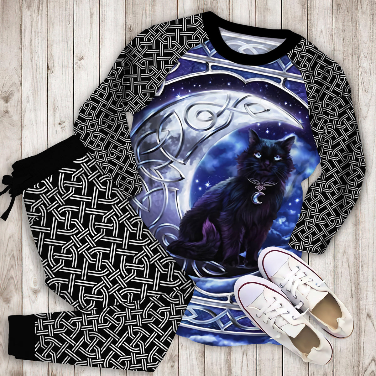 Celtic Moon Cat Pajama Set | Pajamas | Cotton Sleepwear Sets | Soft Long Sleeve Pjs | Raglan Shirt and Pants Set