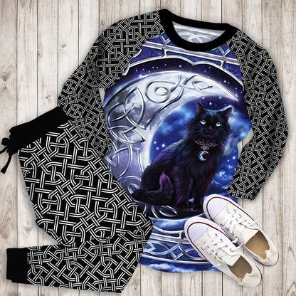 Celtic Moon Cat Pajama Set | Pajamas | Cotton Sleepwear Sets | Soft Long Sleeve Pjs | Raglan Shirt and Pants Set