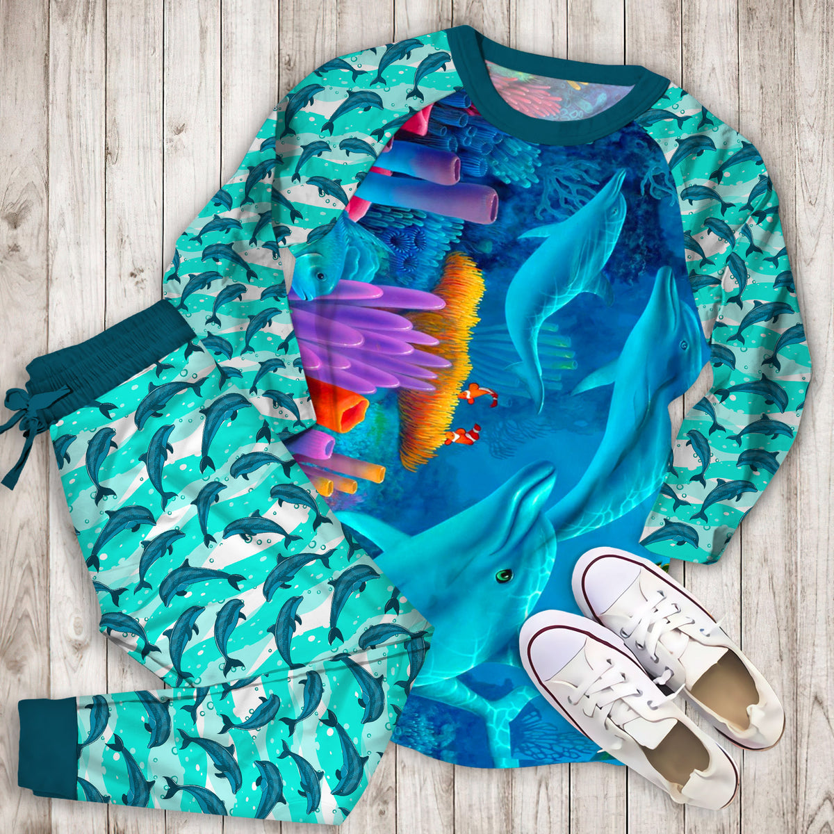 Dolphins Pajama Set |Sleepwear Pjs Sets | Raglan Shirt Pants Set