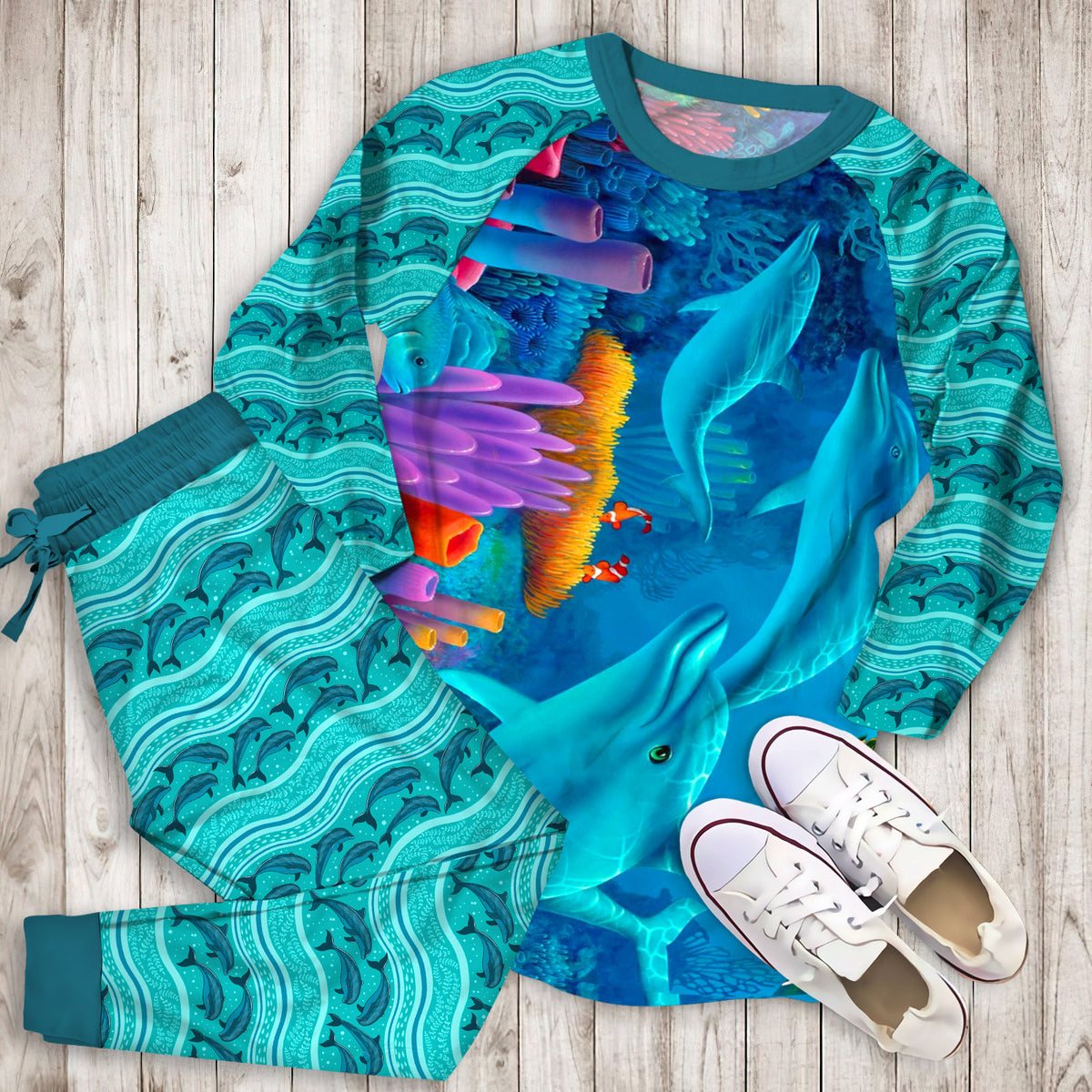 Dolphins Pajama Set |Sleepwear Pjs Sets | Raglan Shirt Pants Set