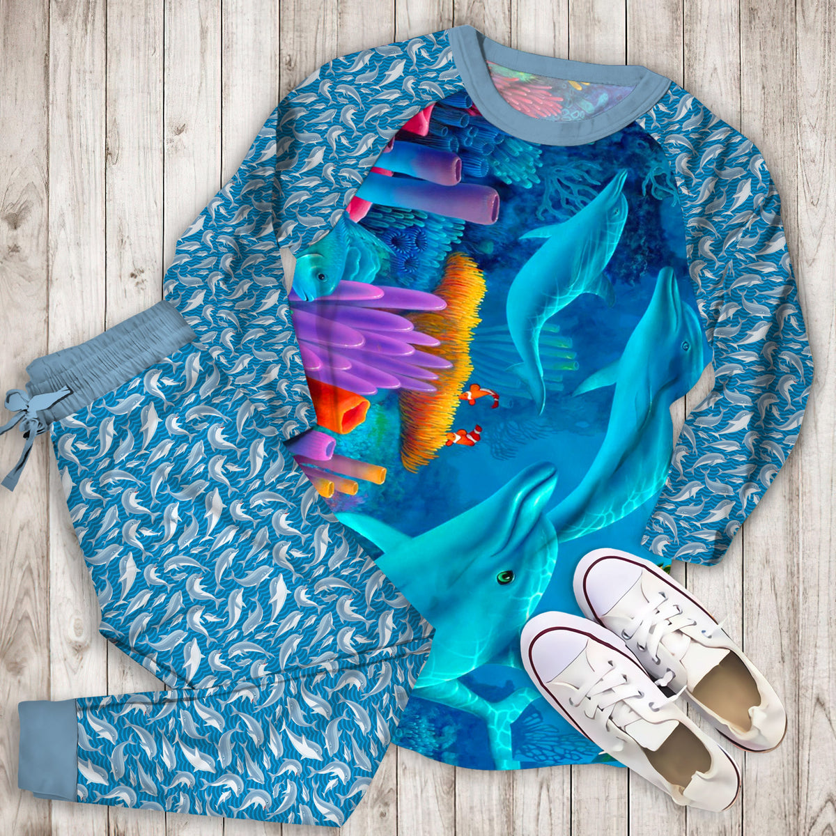 Dolphins Pajama Set |Sleepwear Pjs Sets | Raglan Shirt Pants Set