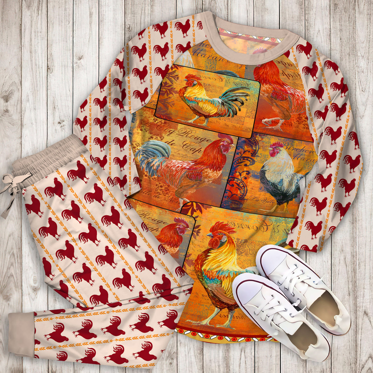 Rustic Rooster Pajama Set |Sleepwear Pjs Sets | Raglan Shirt Pants Set