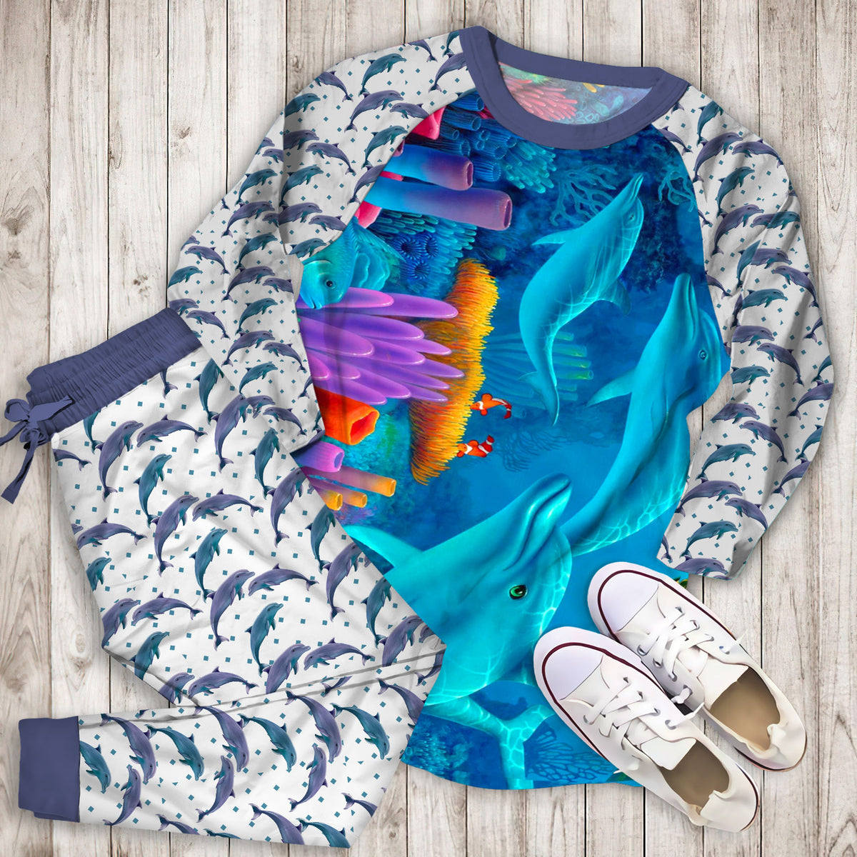 Dolphins Pajama Set |Sleepwear Pjs Sets | Raglan Shirt Pants Set