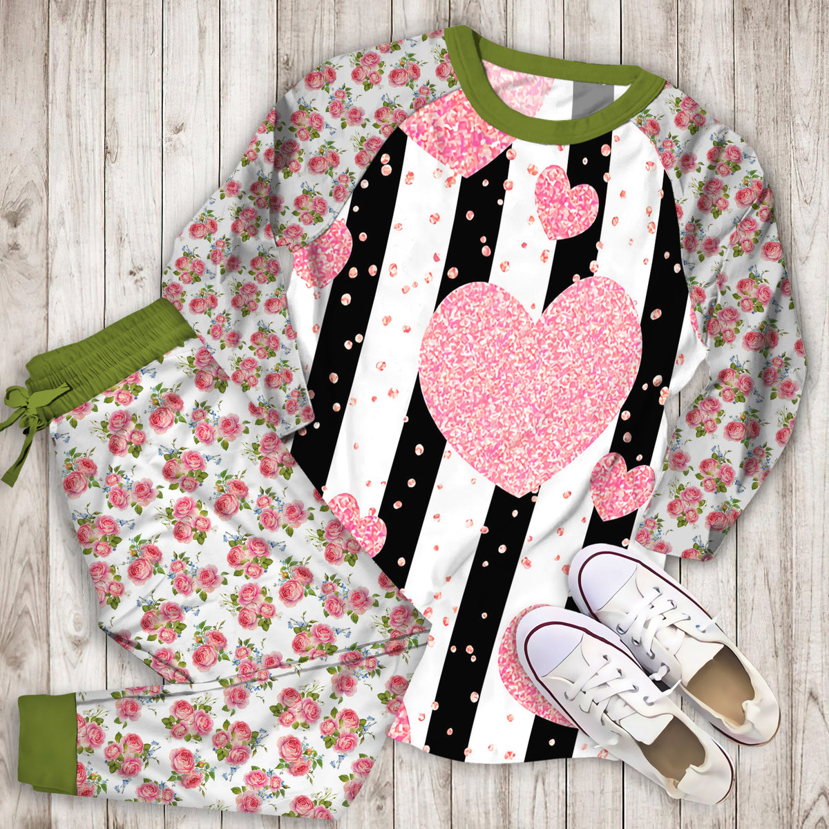 Rose Gold Glitter Hearts Pajama Set | Pajamas | Cotton Sleepwear Sets | Soft Long Sleeve Pjs | Raglan Shirt and Pants Set