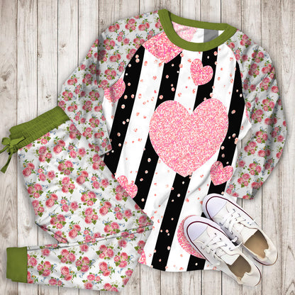 Rose Gold Glitter Hearts Pajama Set | Pajamas | Cotton Sleepwear Sets | Soft Long Sleeve Pjs | Raglan Shirt and Pants Set