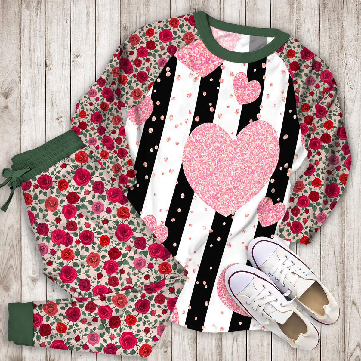 Rose Gold Glitter Hearts Pajama Set | Pajamas | Cotton Sleepwear Sets | Soft Long Sleeve Pjs | Raglan Shirt and Pants Set