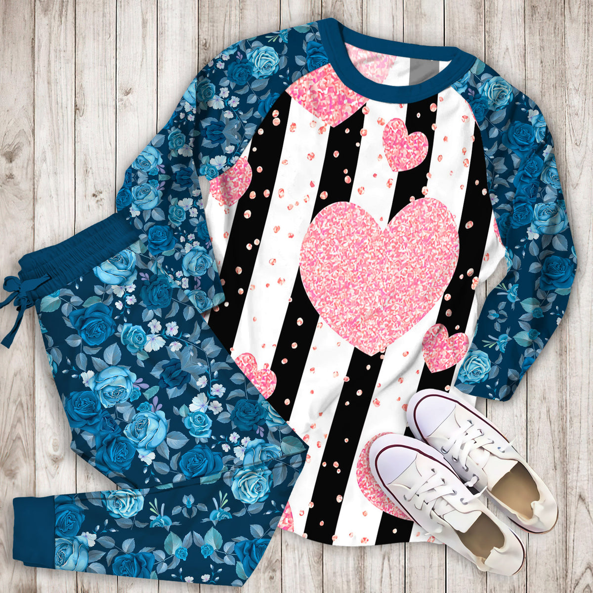 Rose Gold Glitter Hearts Pajama Set | Pajamas | Cotton Sleepwear Sets | Soft Long Sleeve Pjs | Raglan Shirt and Pants Set