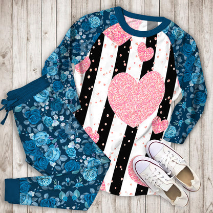Rose Gold Glitter Hearts Pajama Set | Pajamas | Cotton Sleepwear Sets | Soft Long Sleeve Pjs | Raglan Shirt and Pants Set