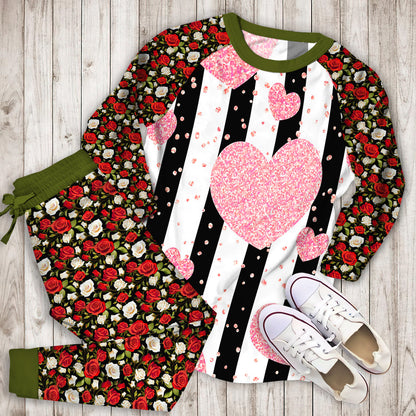 Rose Gold Glitter Hearts Pajama Set | Pajamas | Cotton Sleepwear Sets | Soft Long Sleeve Pjs | Raglan Shirt and Pants Set