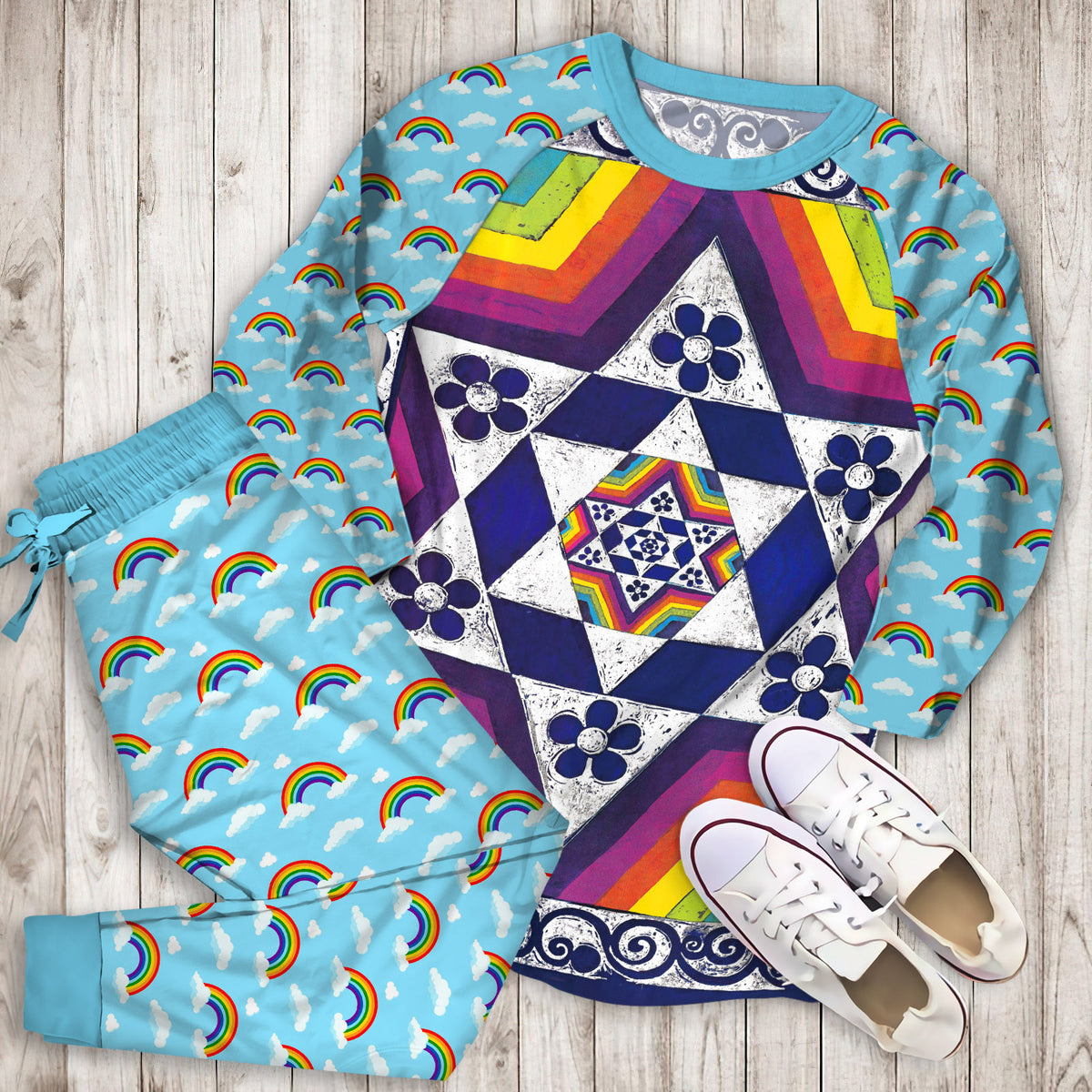 Rainbow Fractal Pajama Set | Pajamas | Cotton Sleepwear Sets | Soft Long Sleeve Pjs | Raglan Shirt and Pants Set