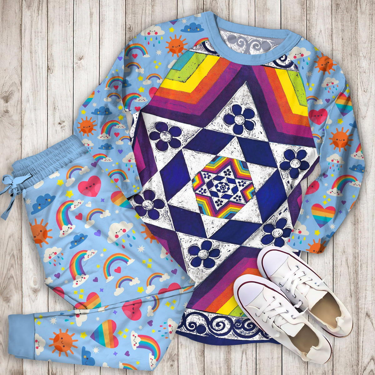 Rainbow Fractal Pajama Set | Pajamas | Cotton Sleepwear Sets | Soft Long Sleeve Pjs | Raglan Shirt and Pants Set