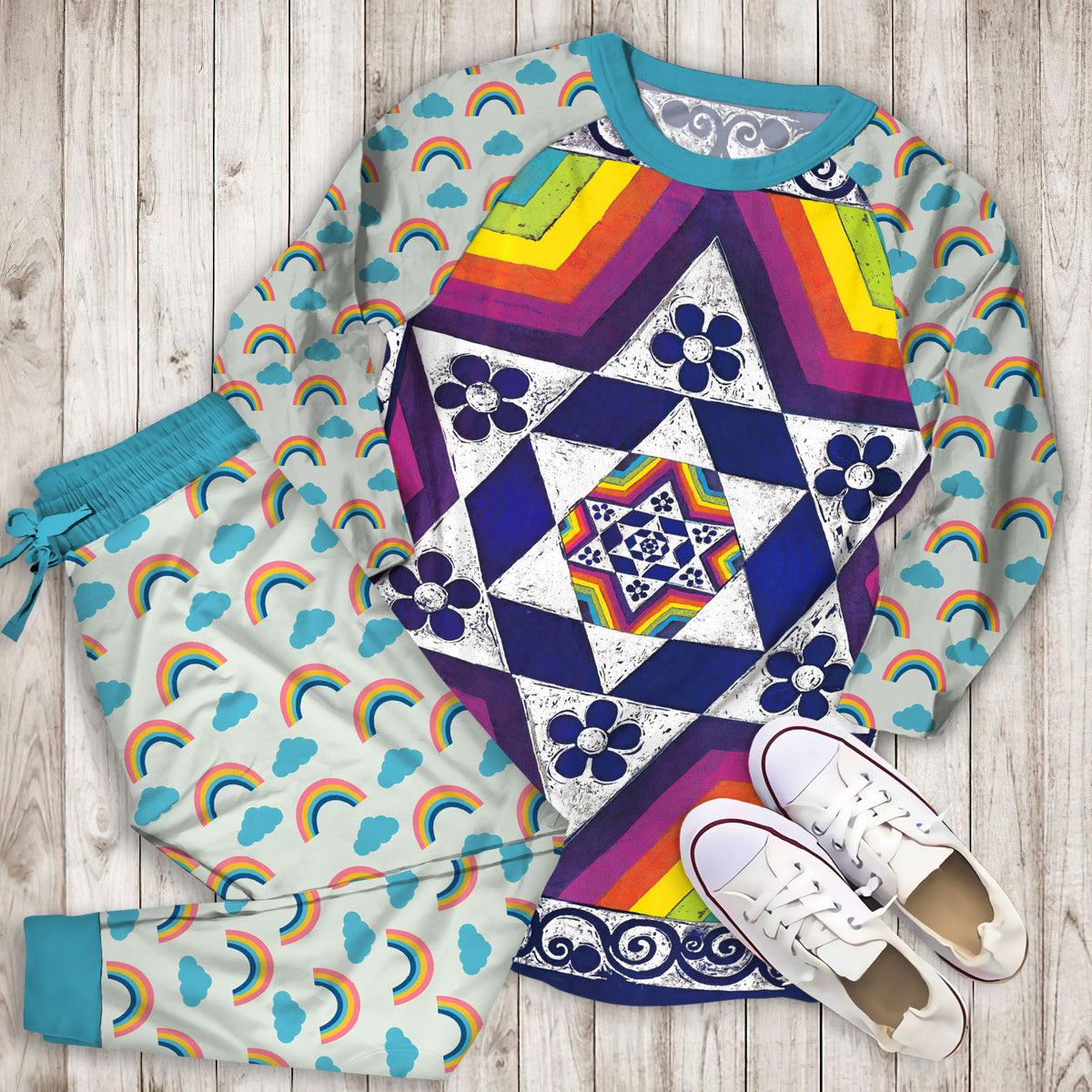 Rainbow Fractal Pajama Set | Pajamas | Cotton Sleepwear Sets | Soft Long Sleeve Pjs | Raglan Shirt and Pants Set