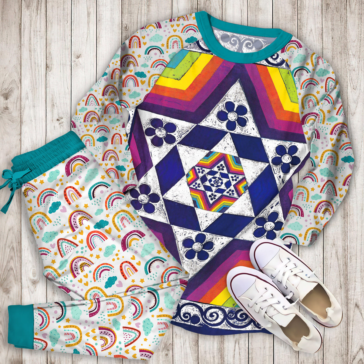 Rainbow Fractal Pajama Set | Pajamas | Cotton Sleepwear Sets | Soft Long Sleeve Pjs | Raglan Shirt and Pants Set