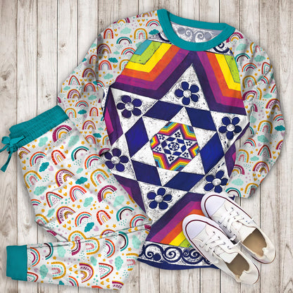Rainbow Fractal Pajama Set | Pajamas | Cotton Sleepwear Sets | Soft Long Sleeve Pjs | Raglan Shirt and Pants Set