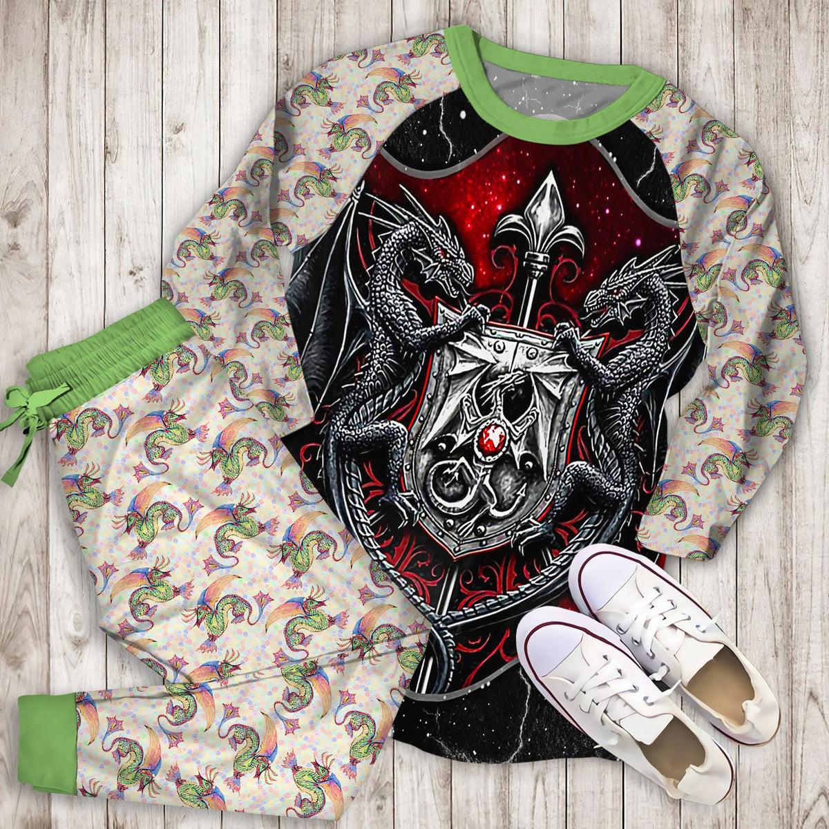 Dragon Armor Pajama Set | Pajamas | Cotton Sleepwear Sets | Soft Long Sleeve Pjs | Raglan Shirt and Pants Set
