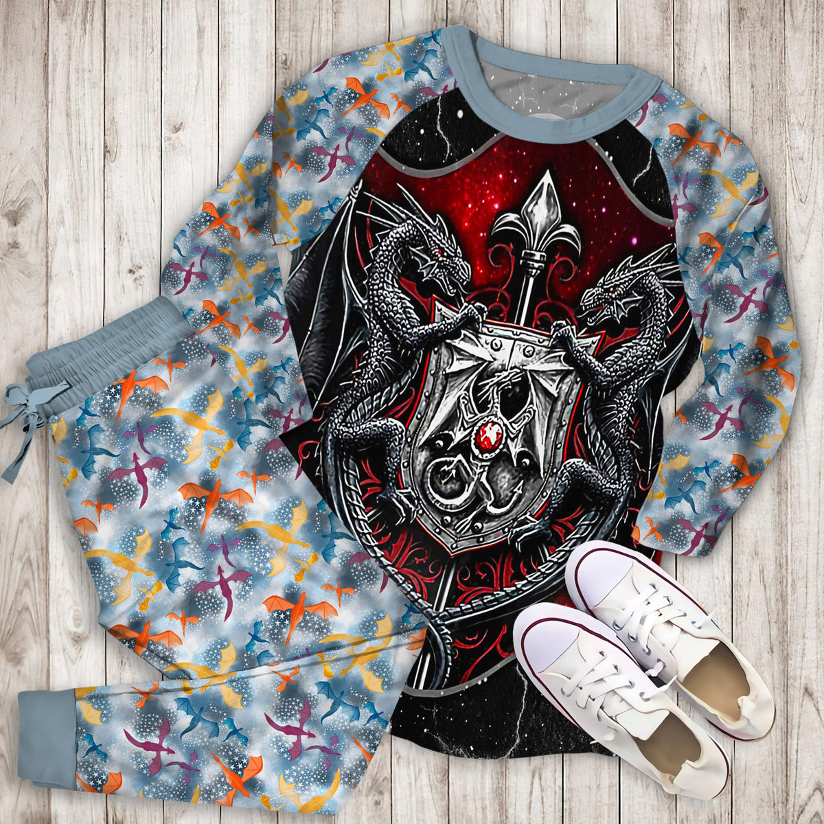 Dragon Armor Pajama Set | Pajamas | Cotton Sleepwear Sets | Soft Long Sleeve Pjs | Raglan Shirt and Pants Set