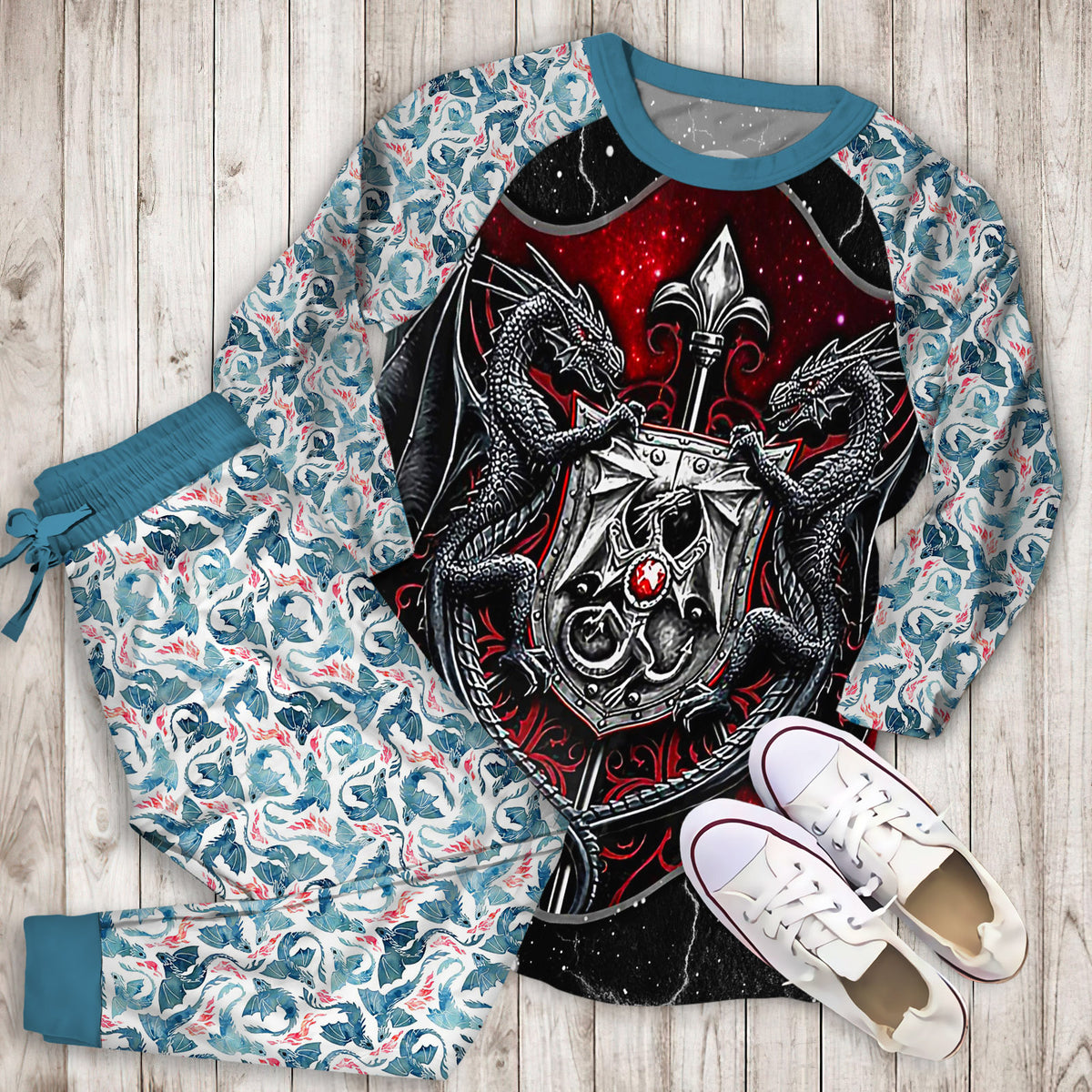 Dragon Armor Pajama Set | Pajamas | Cotton Sleepwear Sets | Soft Long Sleeve Pjs | Raglan Shirt and Pants Set