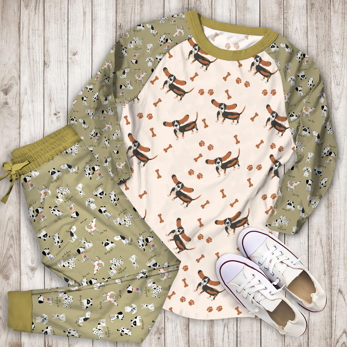 Dog Bas Hound Pattern Pajama Set | Pajamas | Cotton Sleepwear Sets | Soft Long Sleeve Pjs | Raglan Shirt and Pants Set
