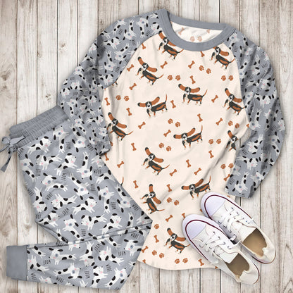 Dog Bas Hound Pattern Pajama Set | Pajamas | Cotton Sleepwear Sets | Soft Long Sleeve Pjs | Raglan Shirt and Pants Set