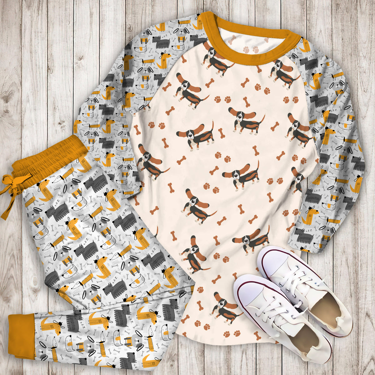 Dog Bas Hound Pattern Pajama Set | Pajamas | Cotton Sleepwear Sets | Soft Long Sleeve Pjs | Raglan Shirt and Pants Set