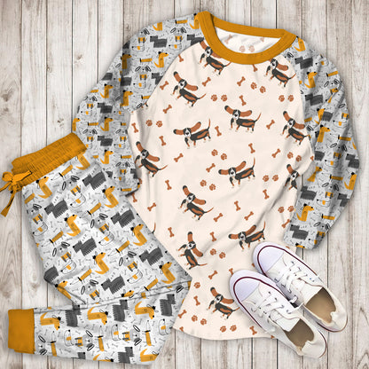 Dog Bas Hound Pattern Pajama Set | Pajamas | Cotton Sleepwear Sets | Soft Long Sleeve Pjs | Raglan Shirt and Pants Set