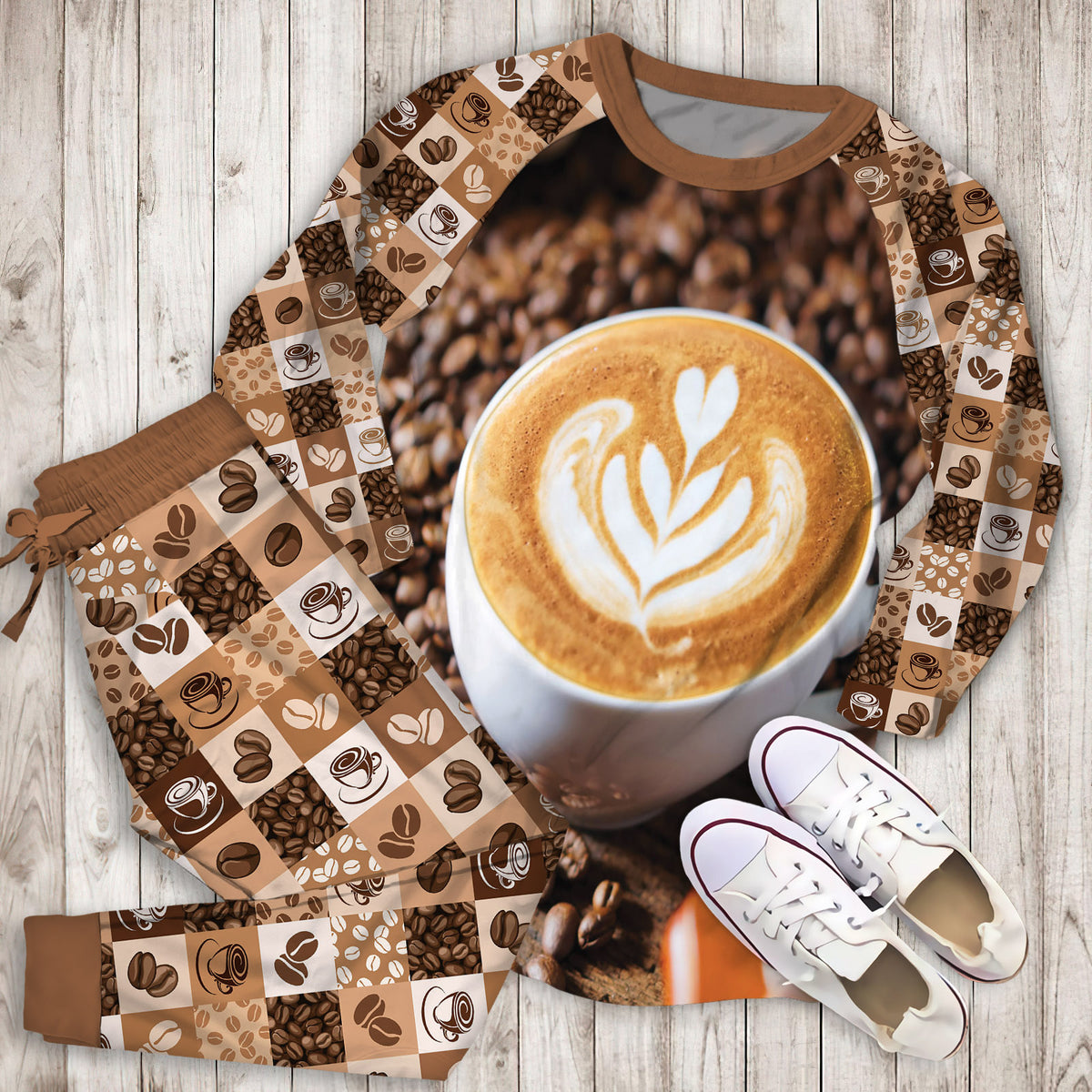 Coffee Pajama Set | Pajamas | Cotton Sleepwear Sets | Soft Long Sleeve Pjs | Raglan Shirt and Pants Set
