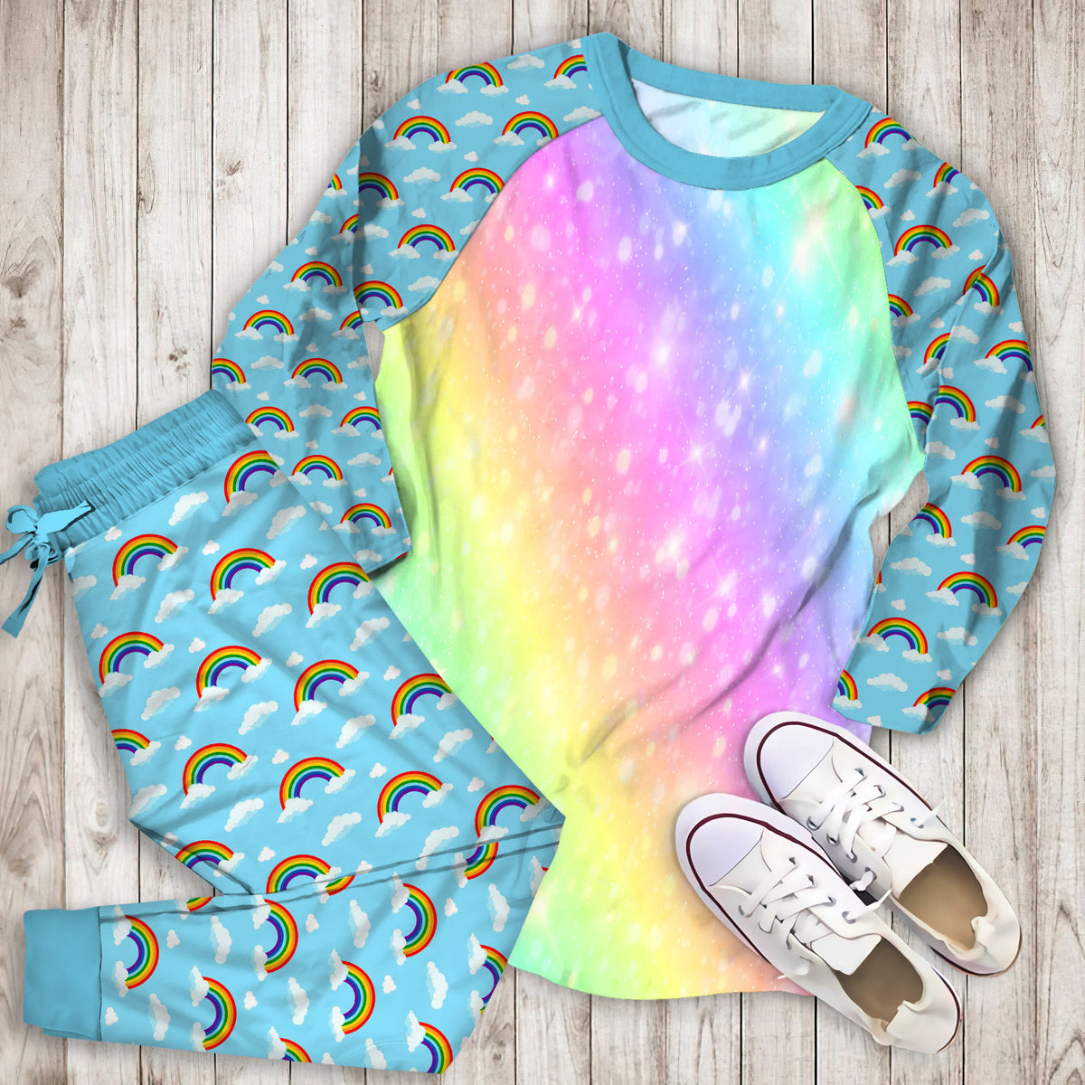 Rainbow Colorful Pajama Set | Pajamas | Cotton Sleepwear Sets | Soft Long Sleeve Pjs | Raglan Shirt and Pants Set