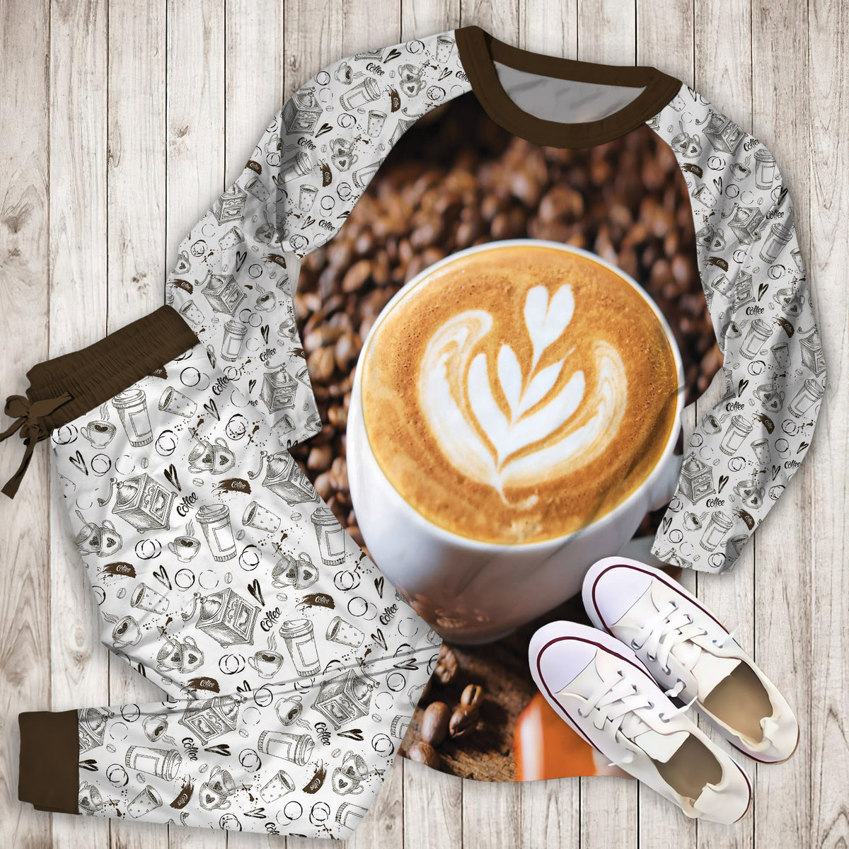 Coffee Pajama Set | Pajamas | Cotton Sleepwear Sets | Soft Long Sleeve Pjs | Raglan Shirt and Pants Set
