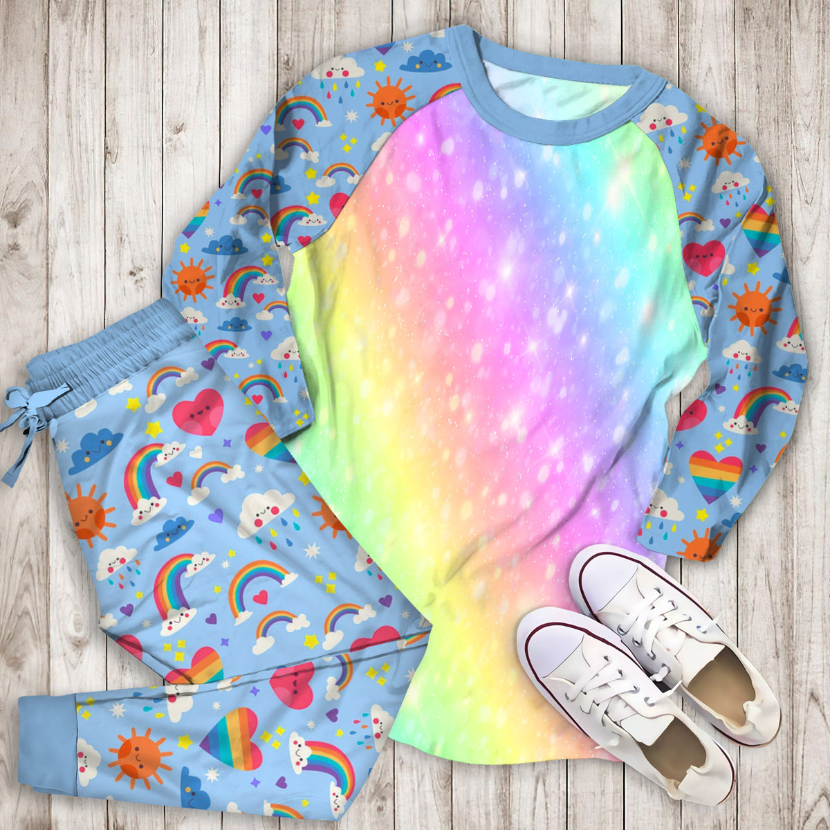Rainbow Colorful Pajama Set | Pajamas | Cotton Sleepwear Sets | Soft Long Sleeve Pjs | Raglan Shirt and Pants Set