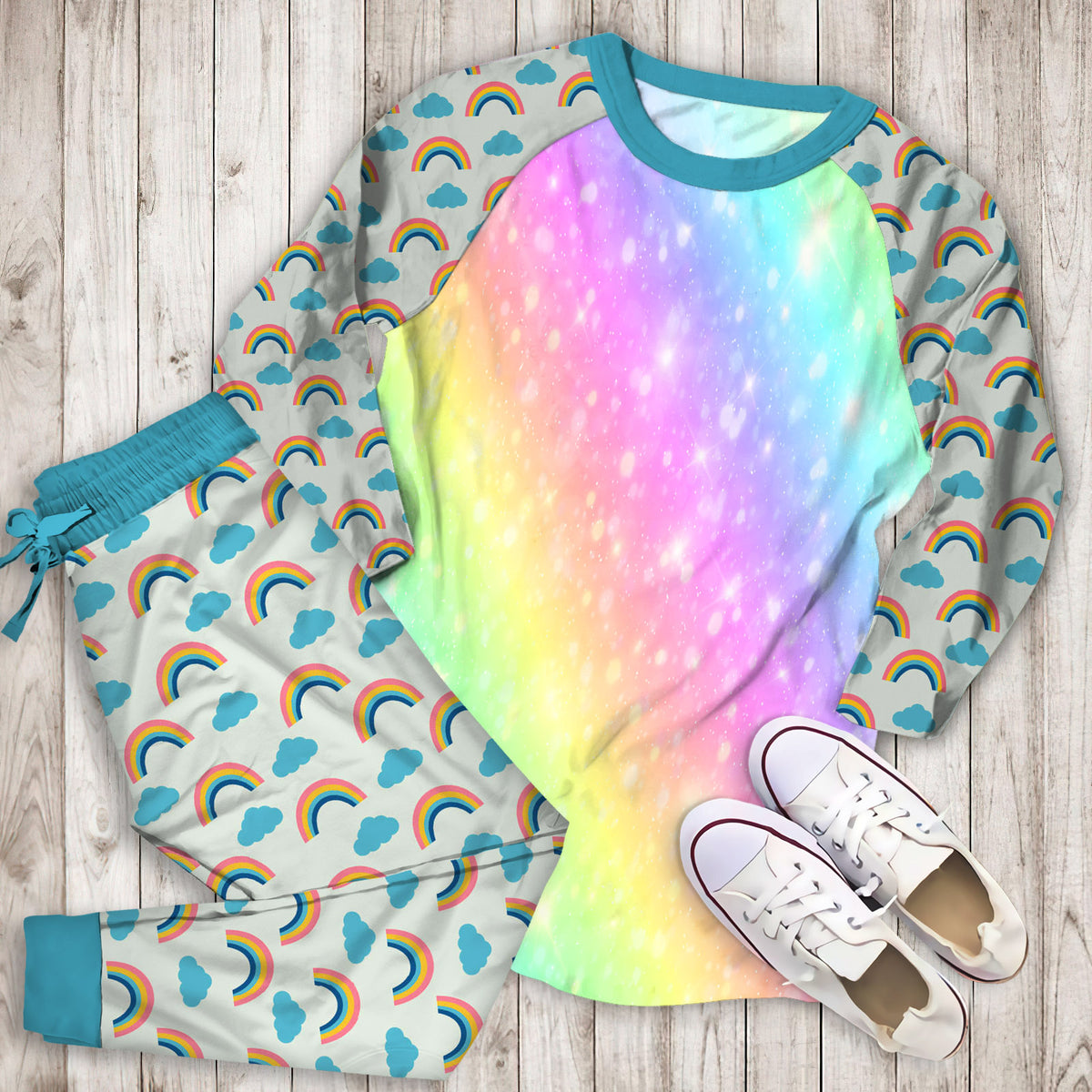 Rainbow Colorful Pajama Set | Pajamas | Cotton Sleepwear Sets | Soft Long Sleeve Pjs | Raglan Shirt and Pants Set