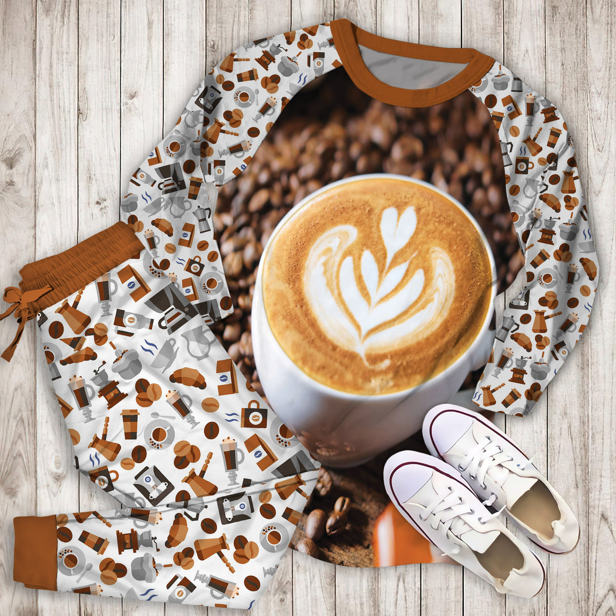 Coffee Pajama Set | Pajamas | Cotton Sleepwear Sets | Soft Long Sleeve Pjs | Raglan Shirt and Pants Set
