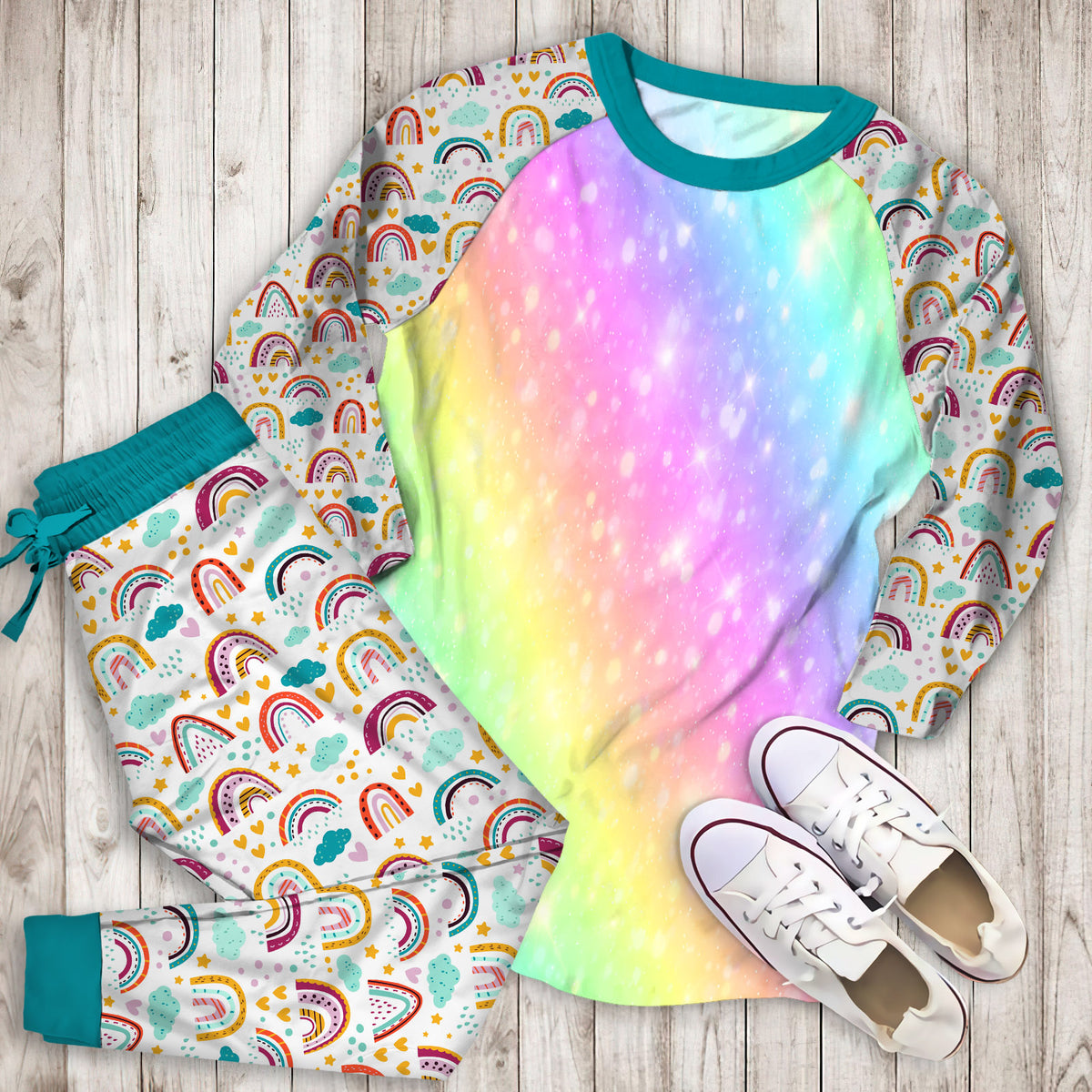 Rainbow Colorful Pajama Set | Pajamas | Cotton Sleepwear Sets | Soft Long Sleeve Pjs | Raglan Shirt and Pants Set