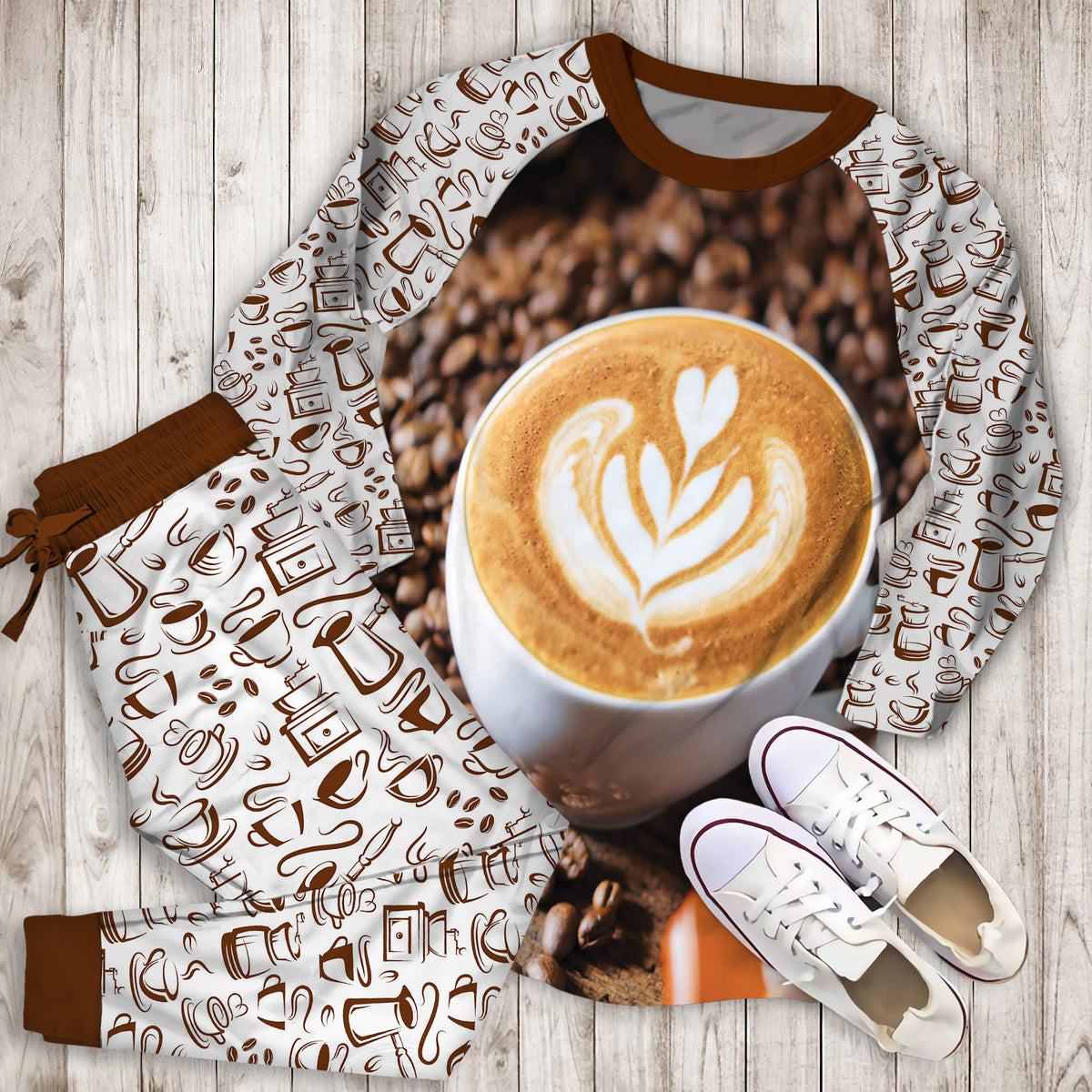 Coffee Pajama Set | Pajamas | Cotton Sleepwear Sets | Soft Long Sleeve Pjs | Raglan Shirt and Pants Set