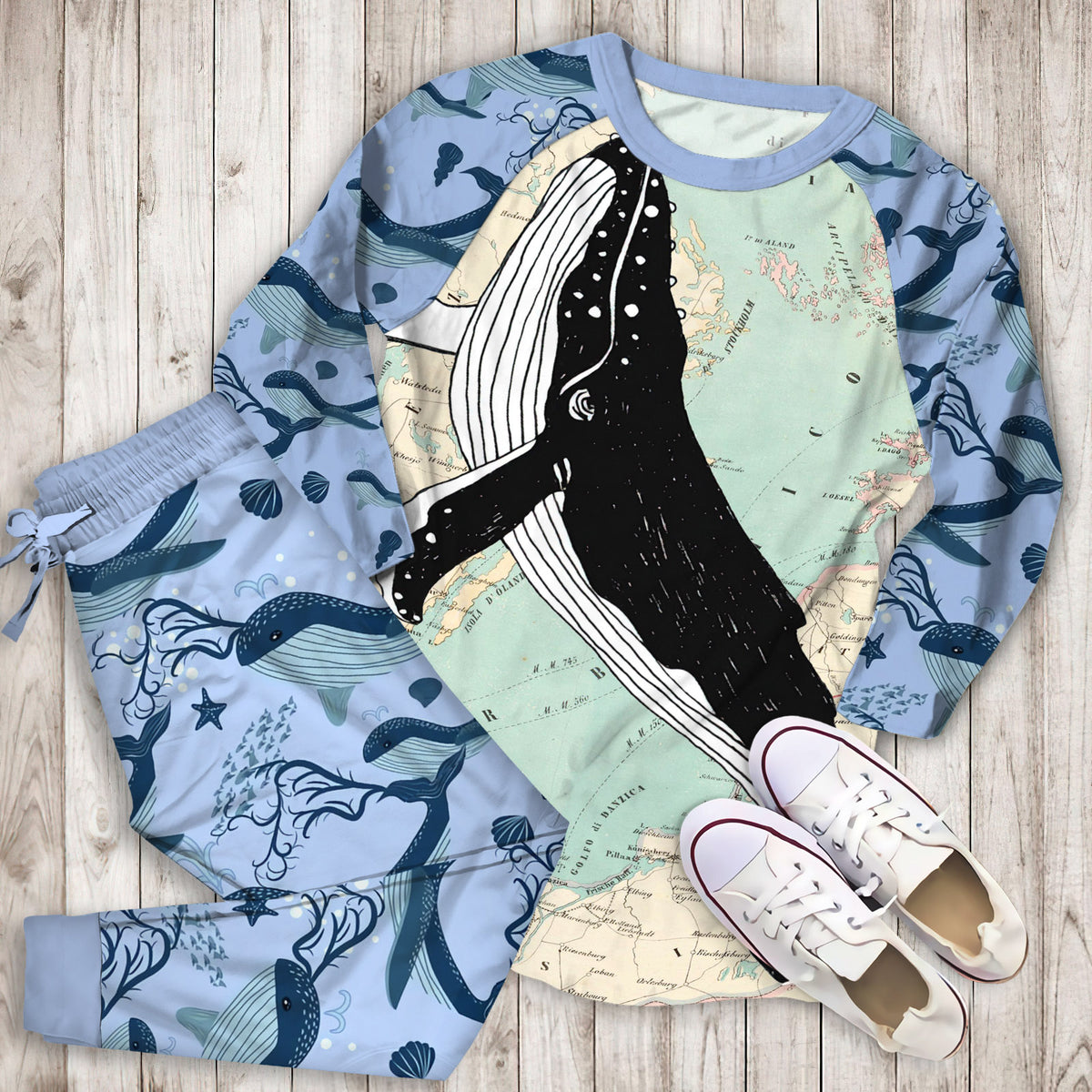 Whale Nn Pajama Set | Pajamas | Cotton Sleepwear Sets | Soft Long Sleeve Pjs | Raglan Shirt and Pants Set