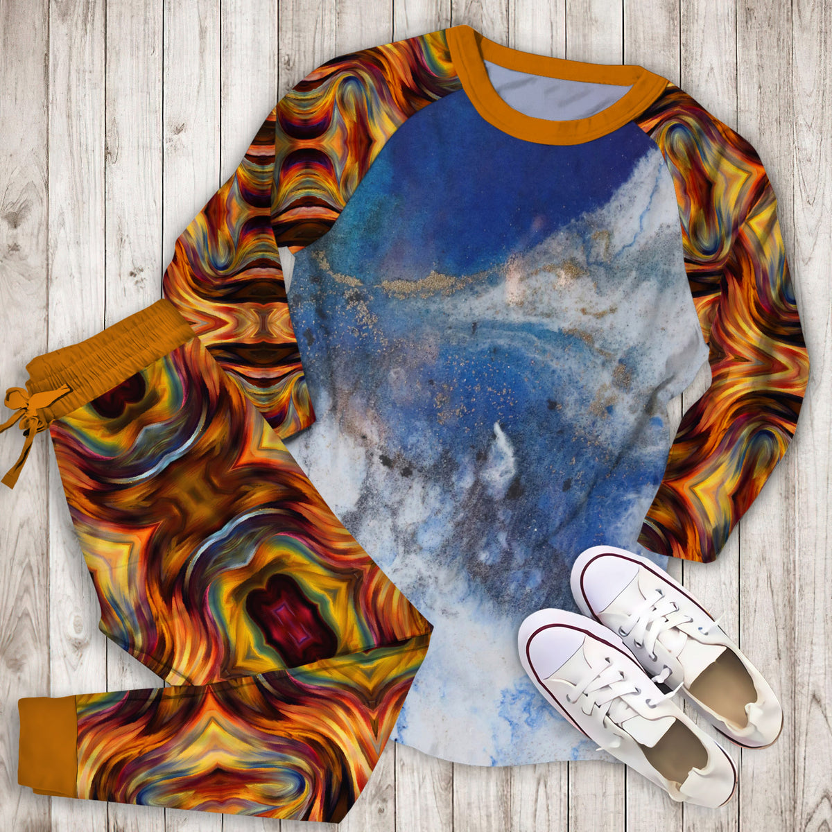 Abstract Blue Marble Pajama Set |Sleepwear Pjs Sets | Raglan Shirt Pants Set