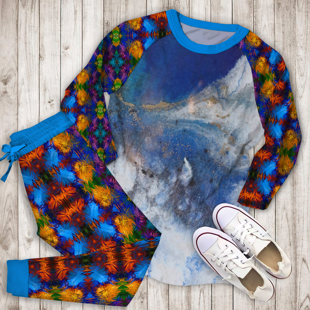 Abstract Blue Marble Pajama Set |Sleepwear Pjs Sets | Raglan Shirt Pants Set
