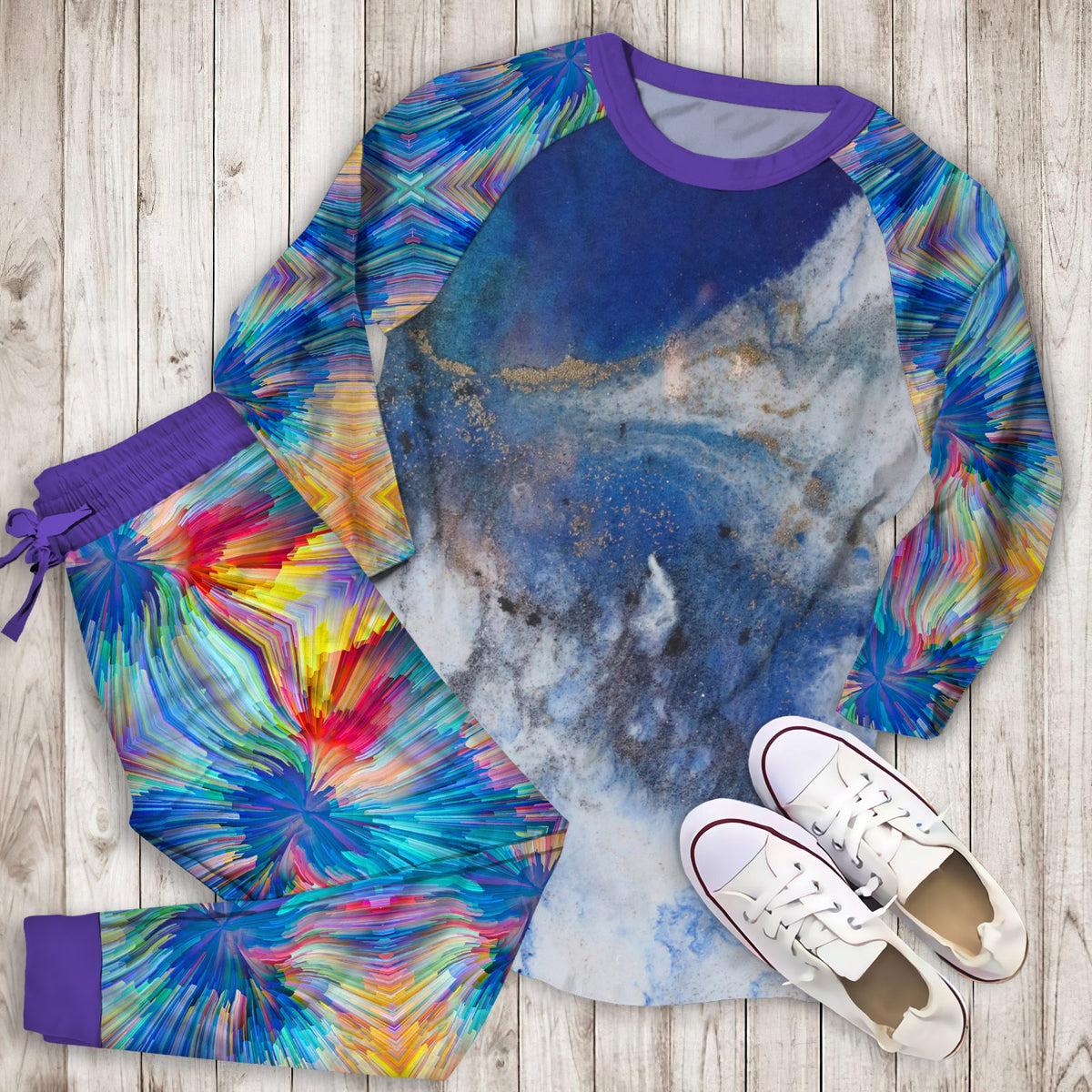 Abstract Blue Marble Pajama Set |Sleepwear Pjs Sets | Raglan Shirt Pants Set