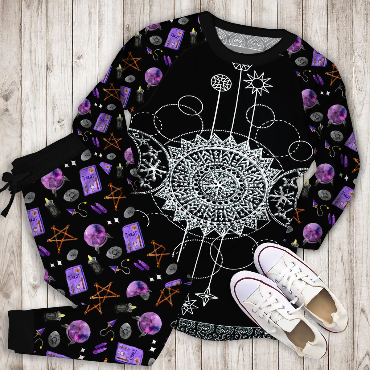 Wicca Triple Moon Pajama Set |Sleepwear Pjs Sets | Raglan Shirt Pants Set