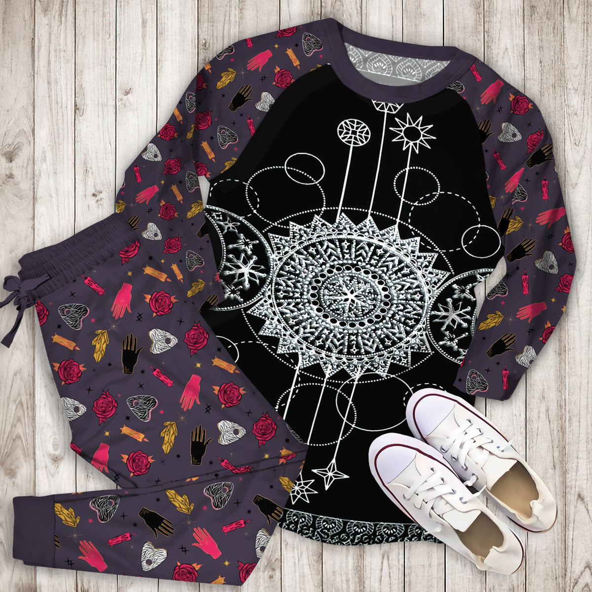 Wicca Triple Moon Pajama Set |Sleepwear Pjs Sets | Raglan Shirt Pants Set