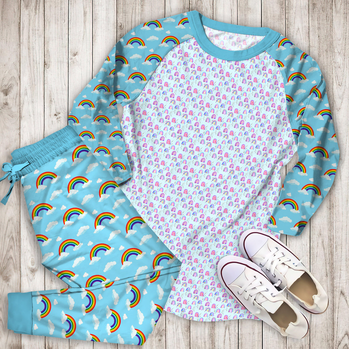 Rainbows Sky Pajama Set | Pajamas | Cotton Sleepwear Sets | Soft Long Sleeve Pjs | Raglan Shirt and Pants Set