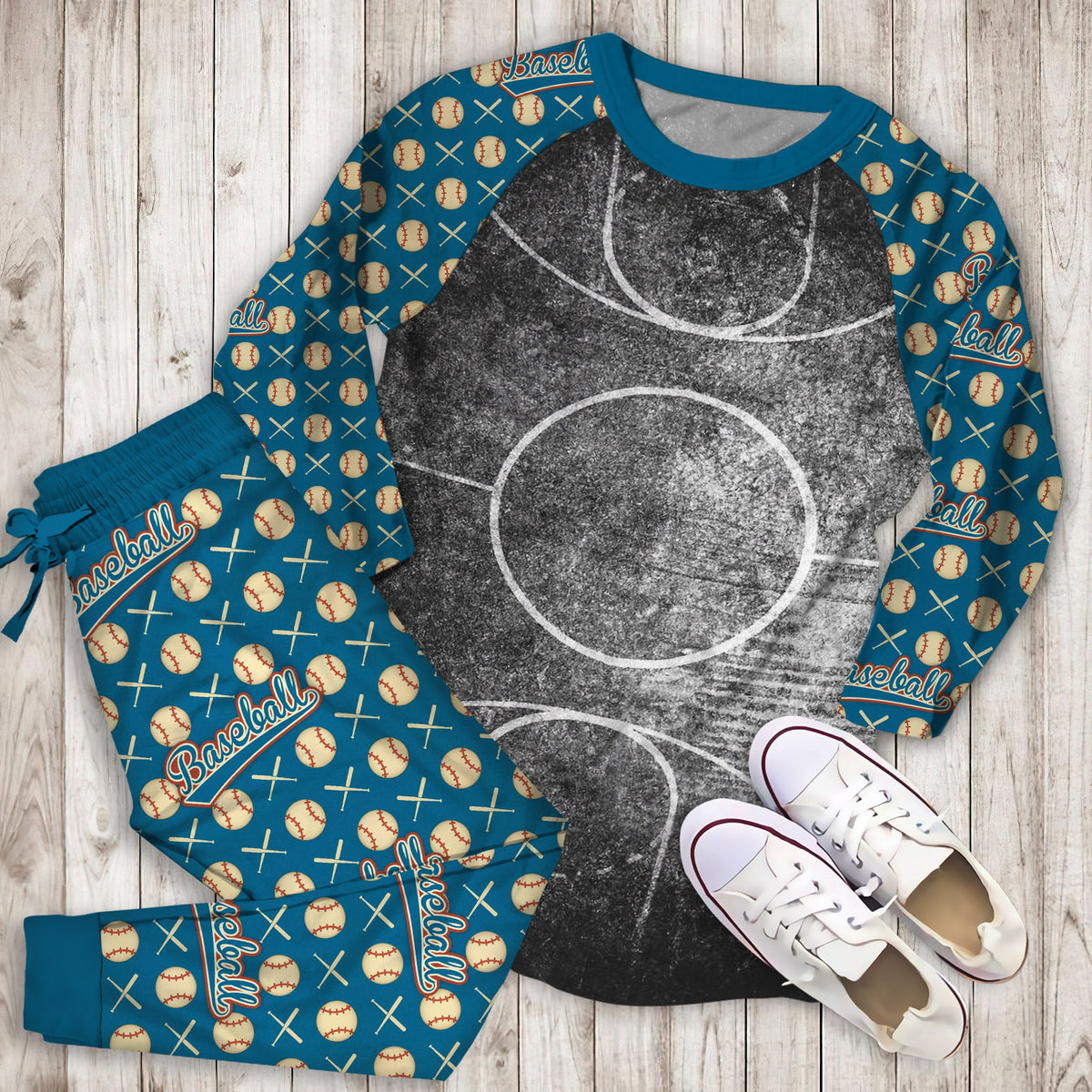 Black And White Grunge Basketball Court Pajama Set | Pajamas | Cotton Sleepwear Sets | Soft Long Sleeve Pjs | Raglan Shirt and Pants Set