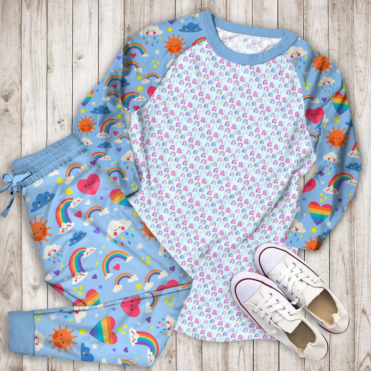 Rainbows Sky Pajama Set | Pajamas | Cotton Sleepwear Sets | Soft Long Sleeve Pjs | Raglan Shirt and Pants Set