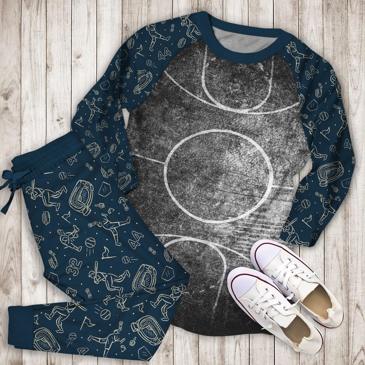 Black And White Grunge Basketball Court Pajama Set | Pajamas | Cotton Sleepwear Sets | Soft Long Sleeve Pjs | Raglan Shirt and Pants Set