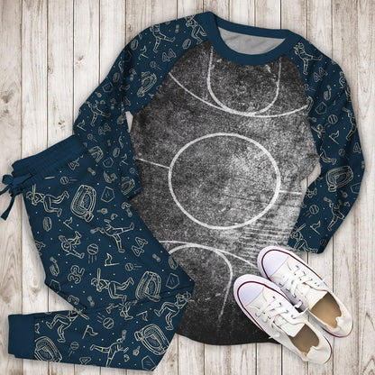 Black And White Grunge Basketball Court Pajama Set | Pajamas | Cotton Sleepwear Sets | Soft Long Sleeve Pjs | Raglan Shirt and Pants Set