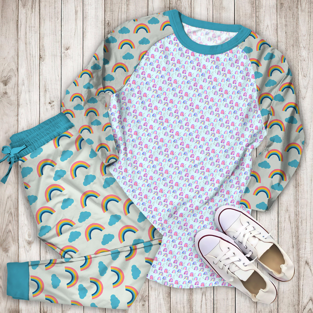 Rainbows Sky Pajama Set | Pajamas | Cotton Sleepwear Sets | Soft Long Sleeve Pjs | Raglan Shirt and Pants Set