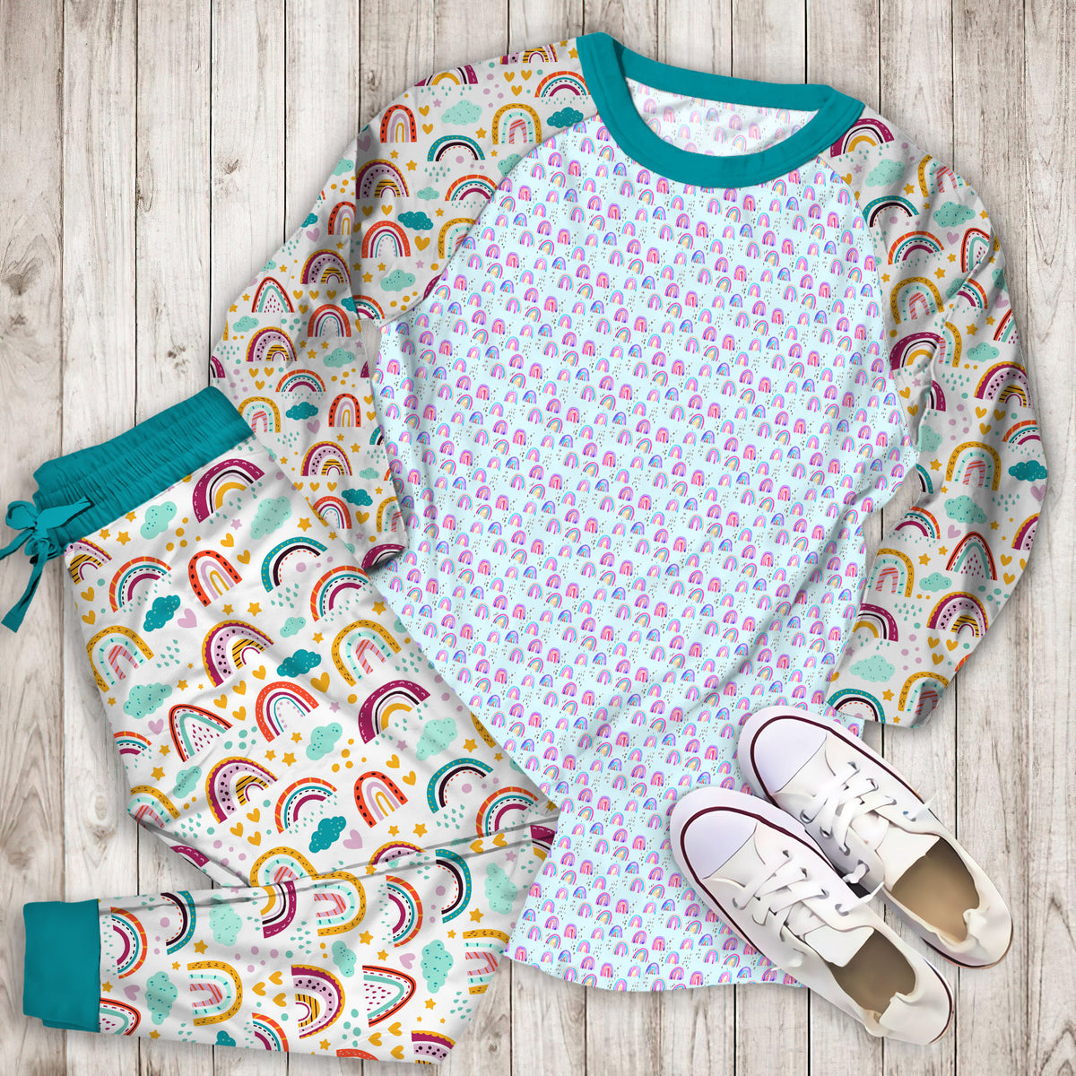 Rainbows Sky Pajama Set | Pajamas | Cotton Sleepwear Sets | Soft Long Sleeve Pjs | Raglan Shirt and Pants Set