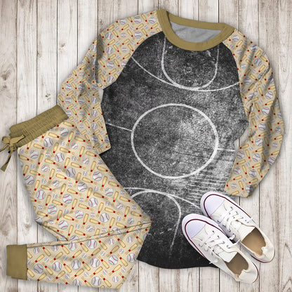 Black And White Grunge Basketball Court Pajama Set | Pajamas | Cotton Sleepwear Sets | Soft Long Sleeve Pjs | Raglan Shirt and Pants Set