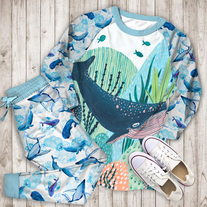 Blue Whale Pajama Set | Pajamas | Cotton Sleepwear Sets | Soft Long Sleeve Pjs | Raglan Shirt and Pants Set